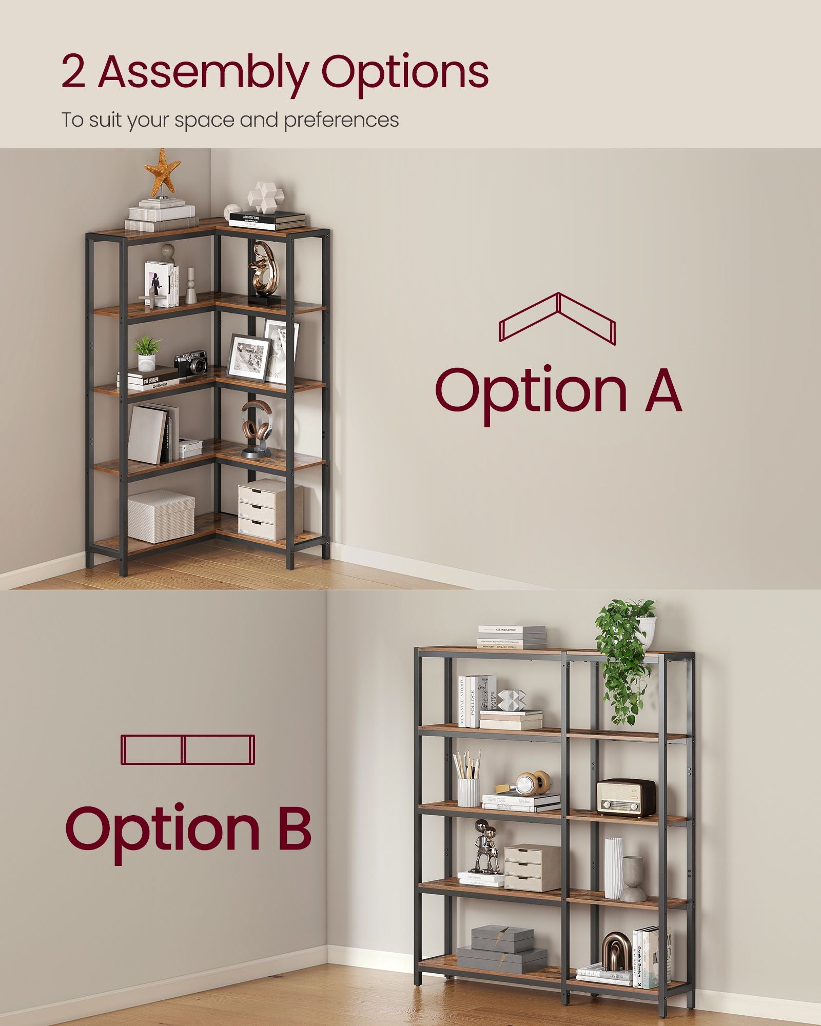5 Tier Bookshelf, Convertible Corner Shelf, 40.2 x 9.4 x 55.9 in Modern basic with Steel, Particleboard - image 2
