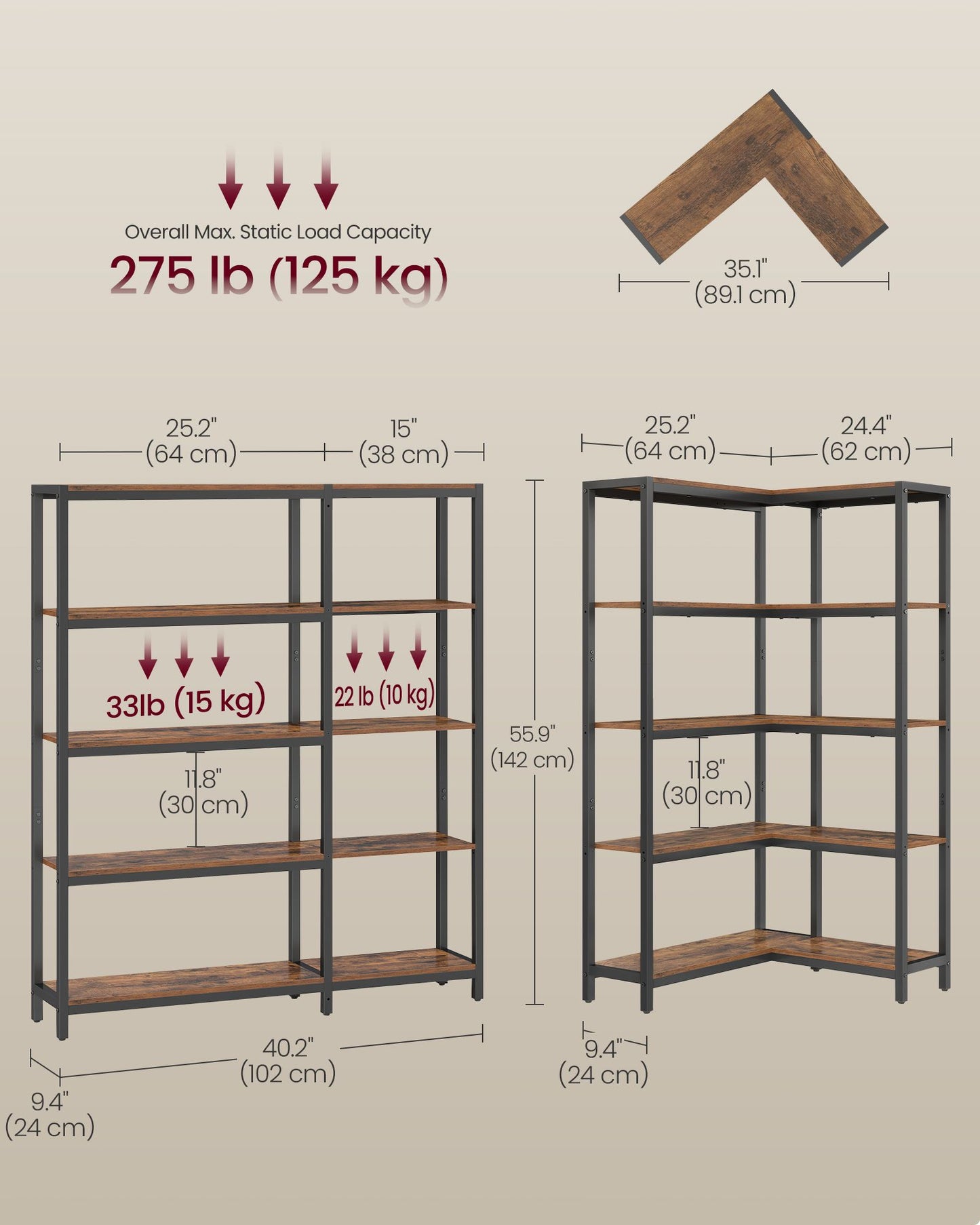 5 Tier Bookshelf, Convertible Corner Shelf, 40.2 x 9.4 x 55.9 in Modern basic with Steel, Particleboard - image 3