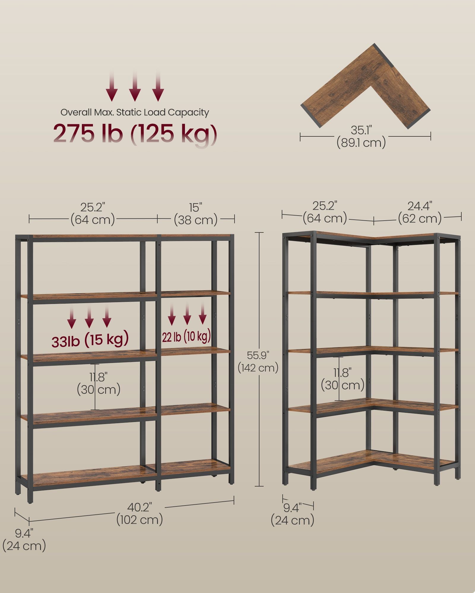 5 Tier Bookshelf, Convertible Corner Shelf, 40.2 x 9.4 x 55.9 in Modern basic with Steel, Particleboard - image 3