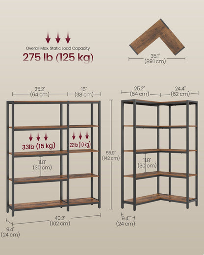 5 Tier Bookshelf, Convertible Corner Shelf, 40.2 x 9.4 x 55.9 in Modern basic with Steel, Particleboard - image 3
