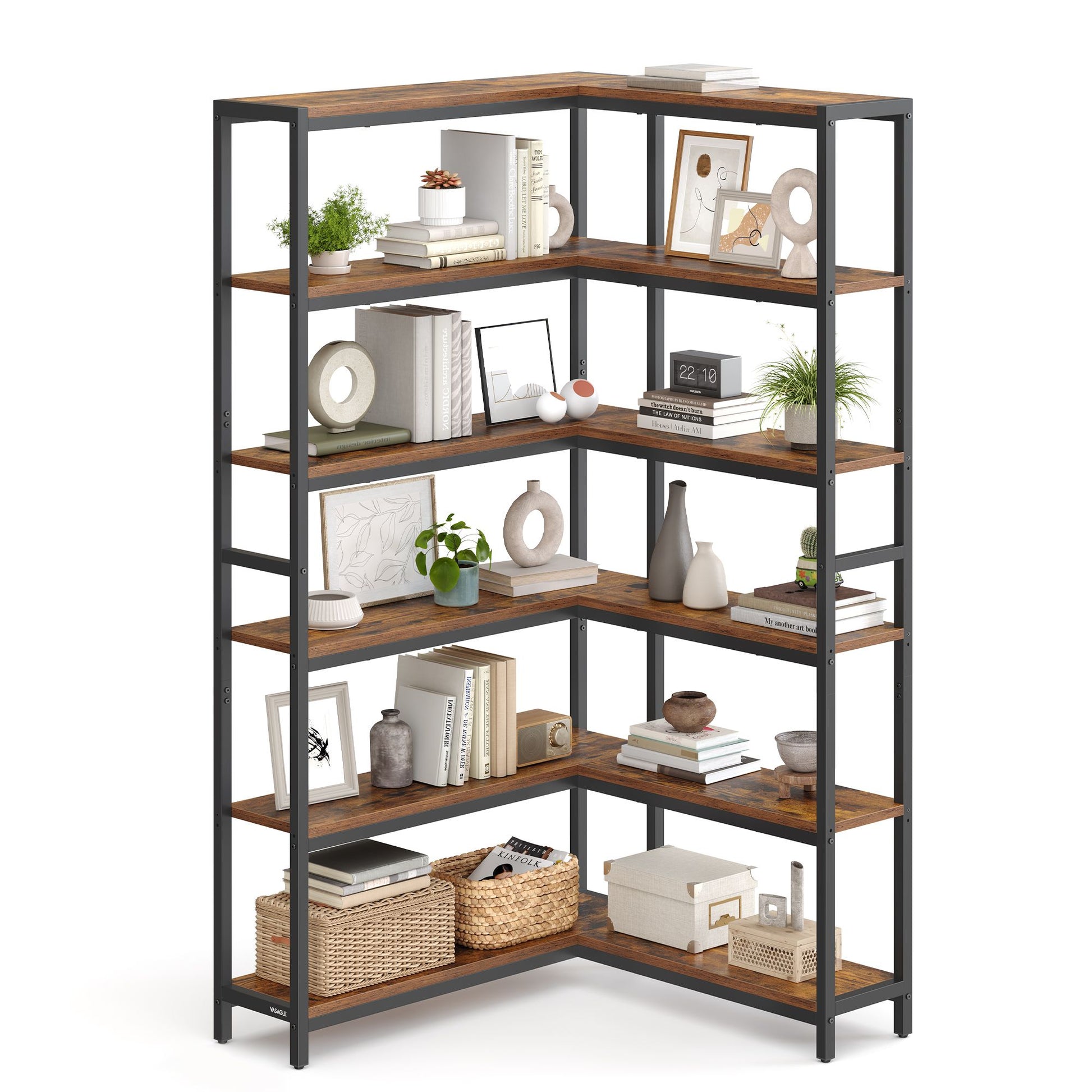 6 Tier Bookshelf, Convertible Corner Shelf, 9.4 x 52.8 x 69 Inches Industrial with Metal Frame - image 1