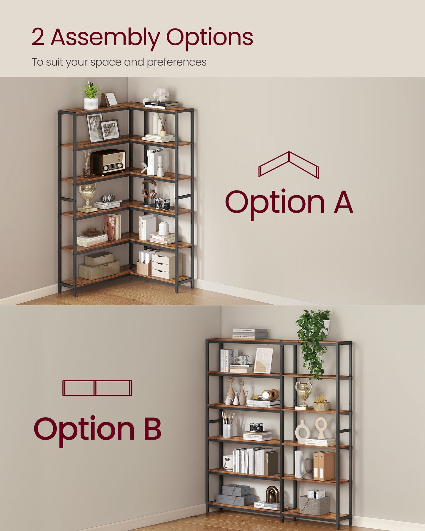 6 Tier Bookshelf, Convertible Corner Shelf, 9.4 x 52.8 x 69 Inches Industrial with Metal Frame - image 2