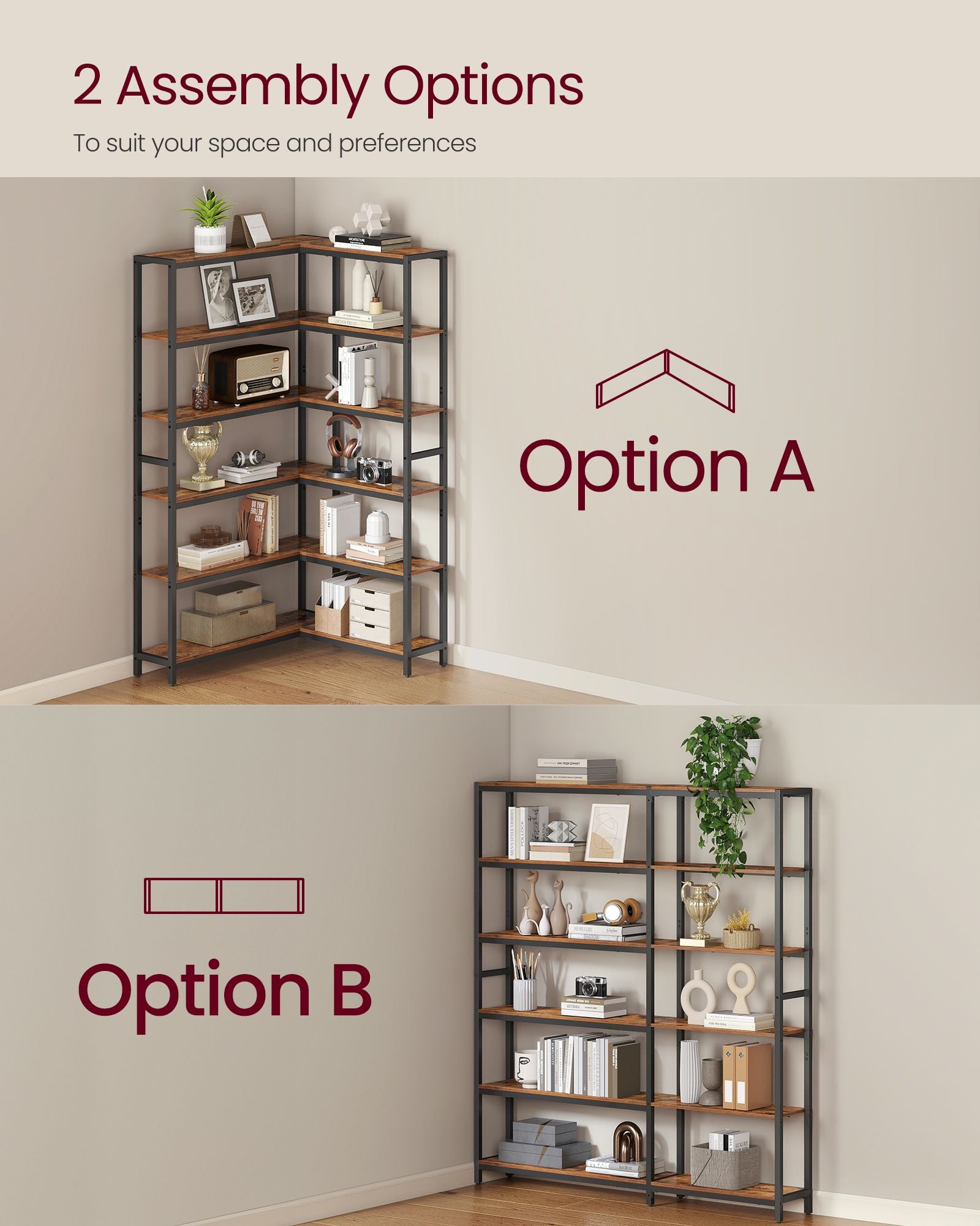 6 Tier Bookshelf, Convertible Corner Shelf, 9.4 x 52.8 x 69 Inches Industrial with Metal Frame - image 2