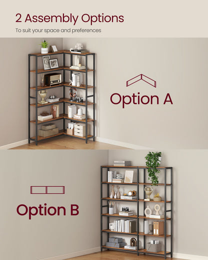 6 Tier Bookshelf, Convertible Corner Shelf, 9.4 x 52.8 x 69 Inches Industrial with Metal Frame - image 2