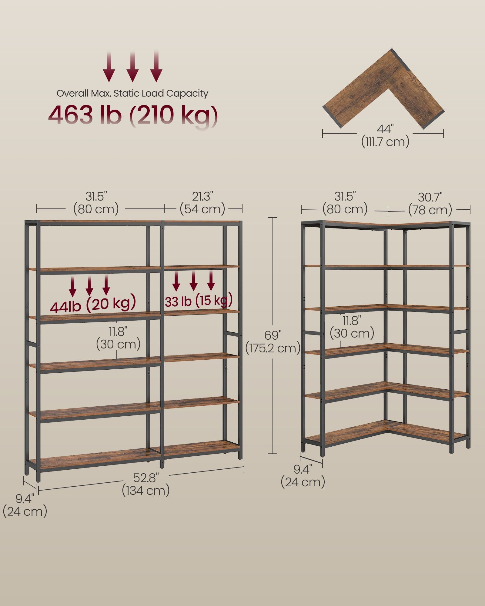 6 Tier Bookshelf, Convertible Corner Shelf, 9.4 x 52.8 x 69 Inches Industrial with Metal Frame - image 3