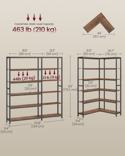6 Tier Bookshelf, Convertible Corner Shelf, 9.4 x 52.8 x 69 Inches Industrial with Metal Frame - image 3