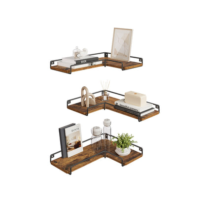 Set of 3 L-Shaped Floating Shelves Rustic Brown
