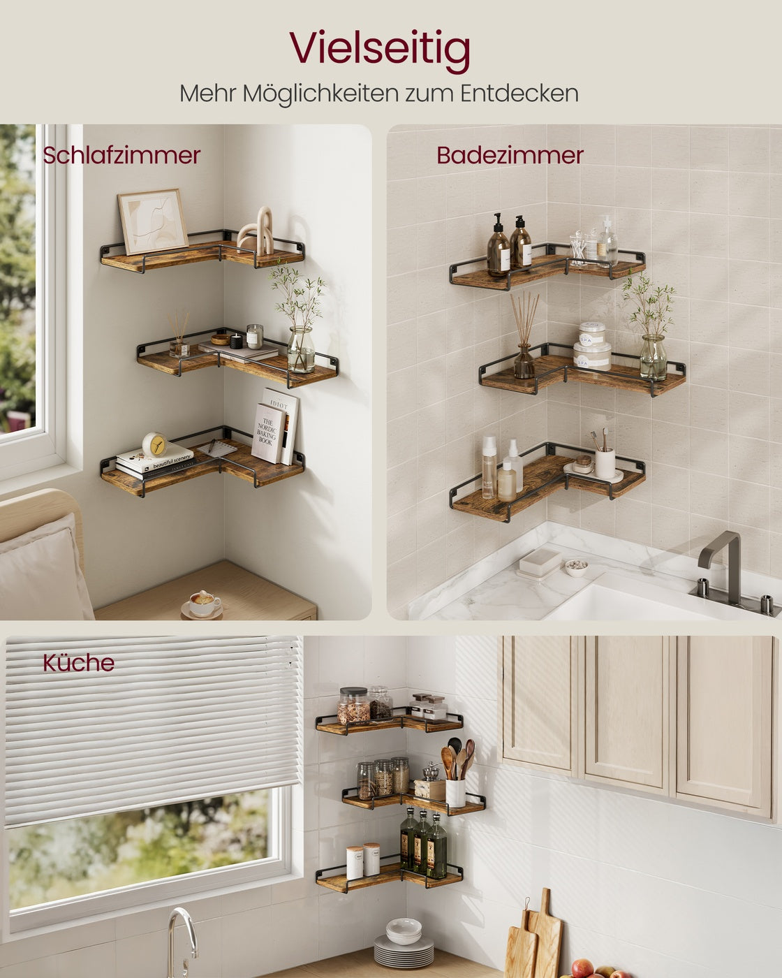 Set of 3 L-Shaped Floating Shelves Rustic Brown