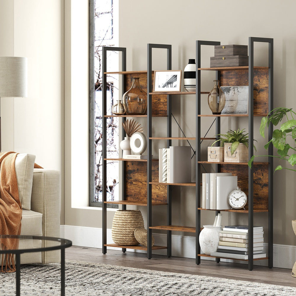 5-Tier Storage Rack with 14 Shelves, Book Shelf with Metal Frame, 24 x 158 x 166 cm, Brown and Black