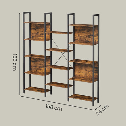 5-Tier Storage Rack with 14 Shelves, Book Shelf with Metal Frame, 24 x 158 x 166 cm, Brown and Black