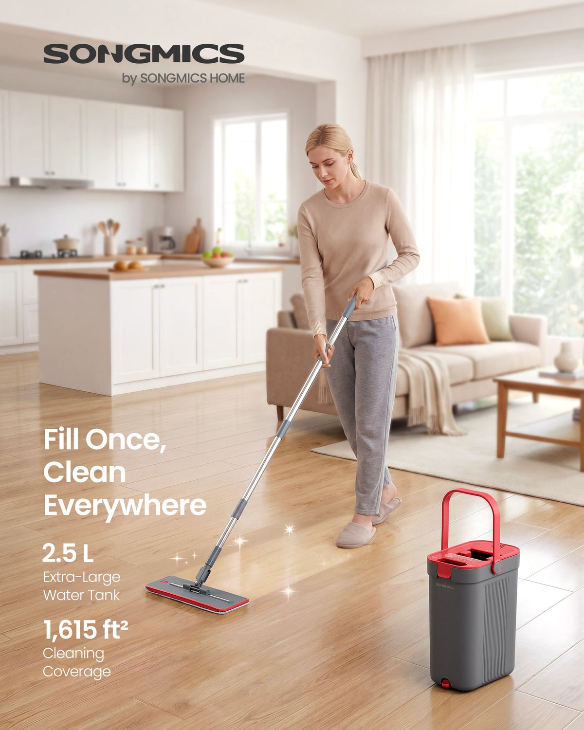 Flat Mop and Bucket Set with Three Microfiber Pads Gray Red - image 2