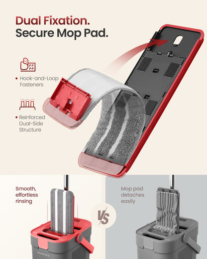 Flat Mop and Bucket Set with Three Microfiber Pads Gray Red - image 4