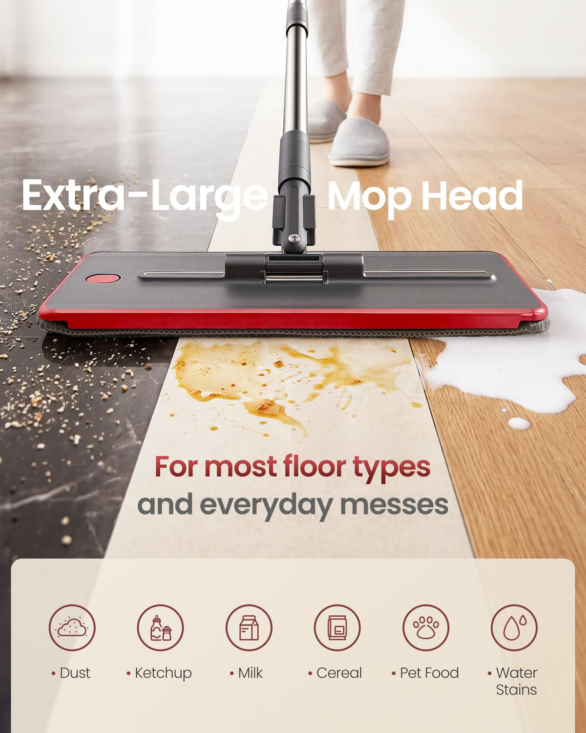 Flat Mop and Bucket Set with Three Microfiber Pads Gray Red - image 6
