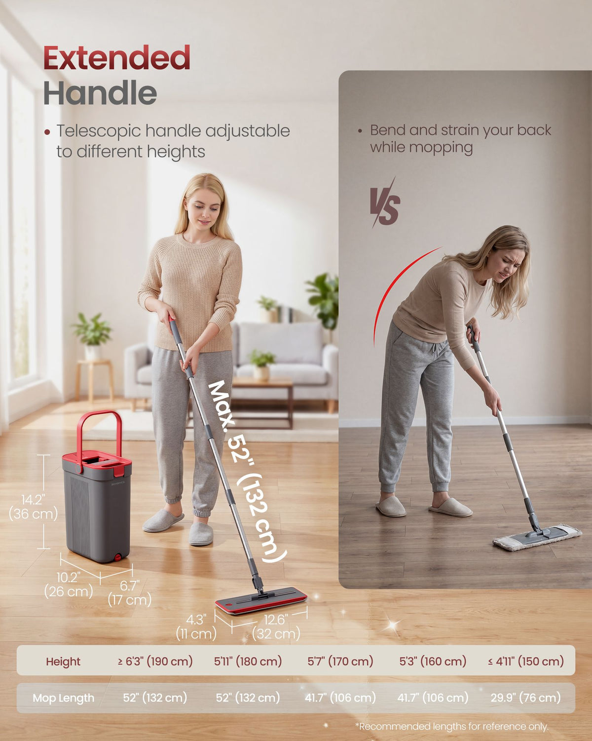 Flat Mop and Bucket Set with Three Microfiber Pads Gray Red - image 7