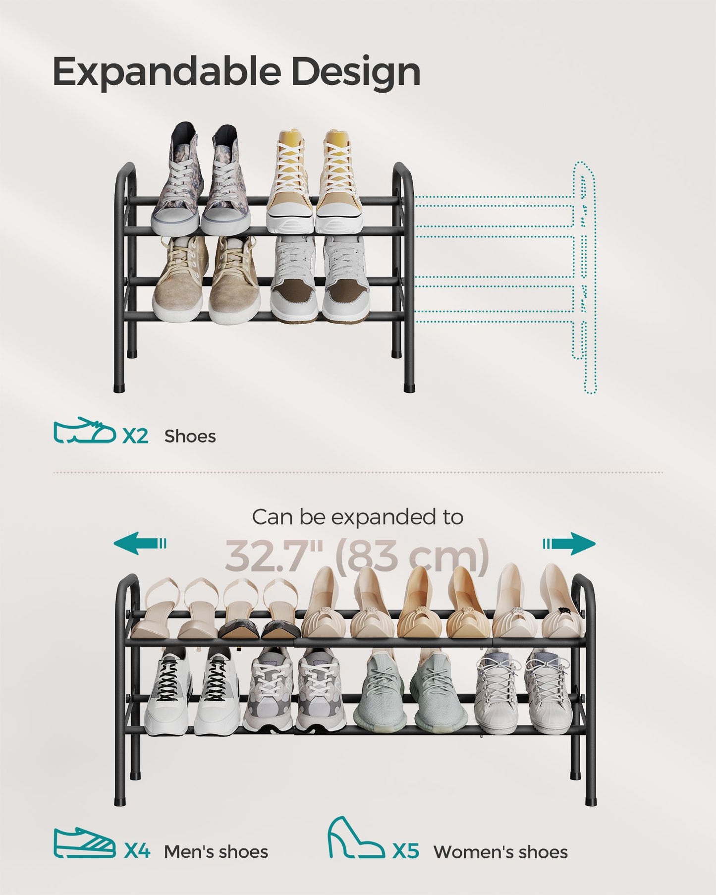 2 Tier Expandable Shoe Rack, Holds up to 15 Pairs of Shoes