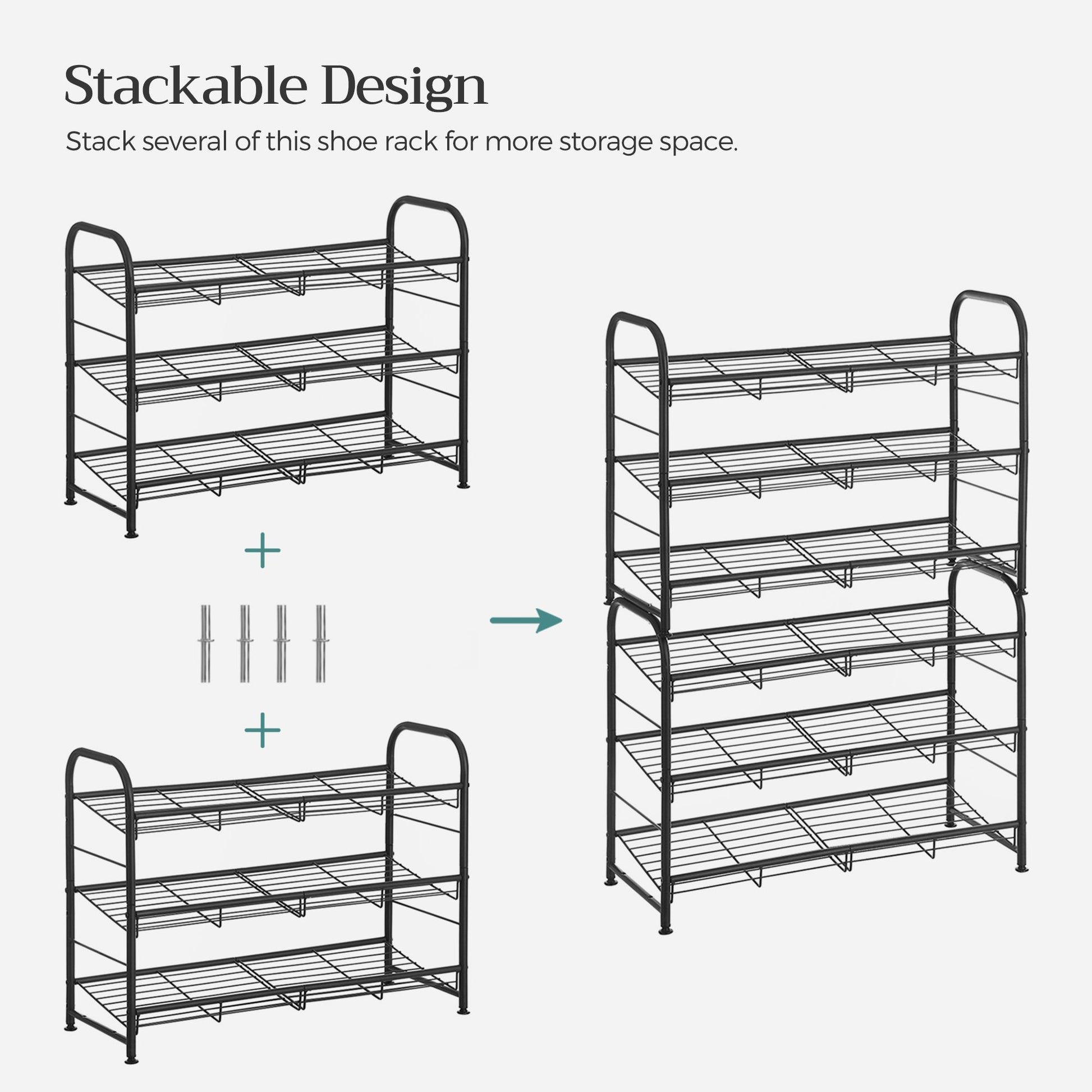Shoe Rack, 3 Tier Shoe Organizer for Closet, Holds up to 12 Pairs of Shoes, Shoe Rack for Front Door Entrance, Metal Shoe Shelf with Adjustable Tilt Angle, for Entryway, Garage, Black - image 3