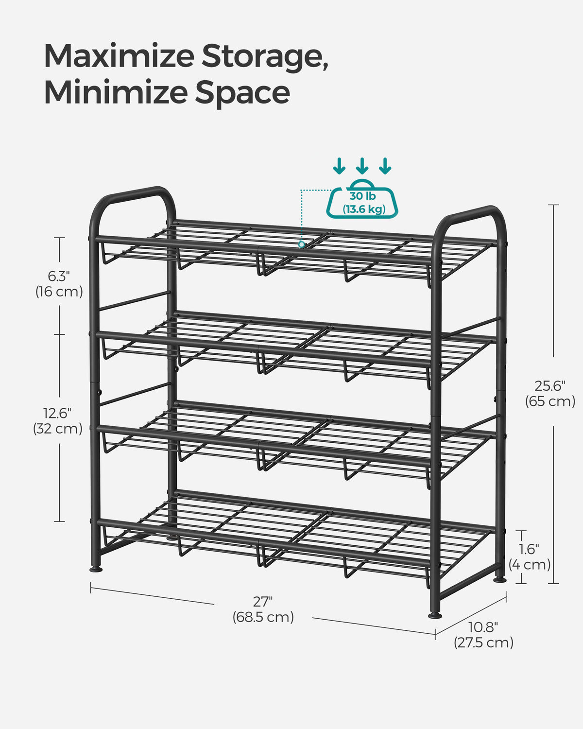 Stackable Shoe Rack, 4-Tier Shoe Rack Storage Organizer, Hold up to 16 Pairs, Steel, 27 x 10.8 x 25.6 Inches