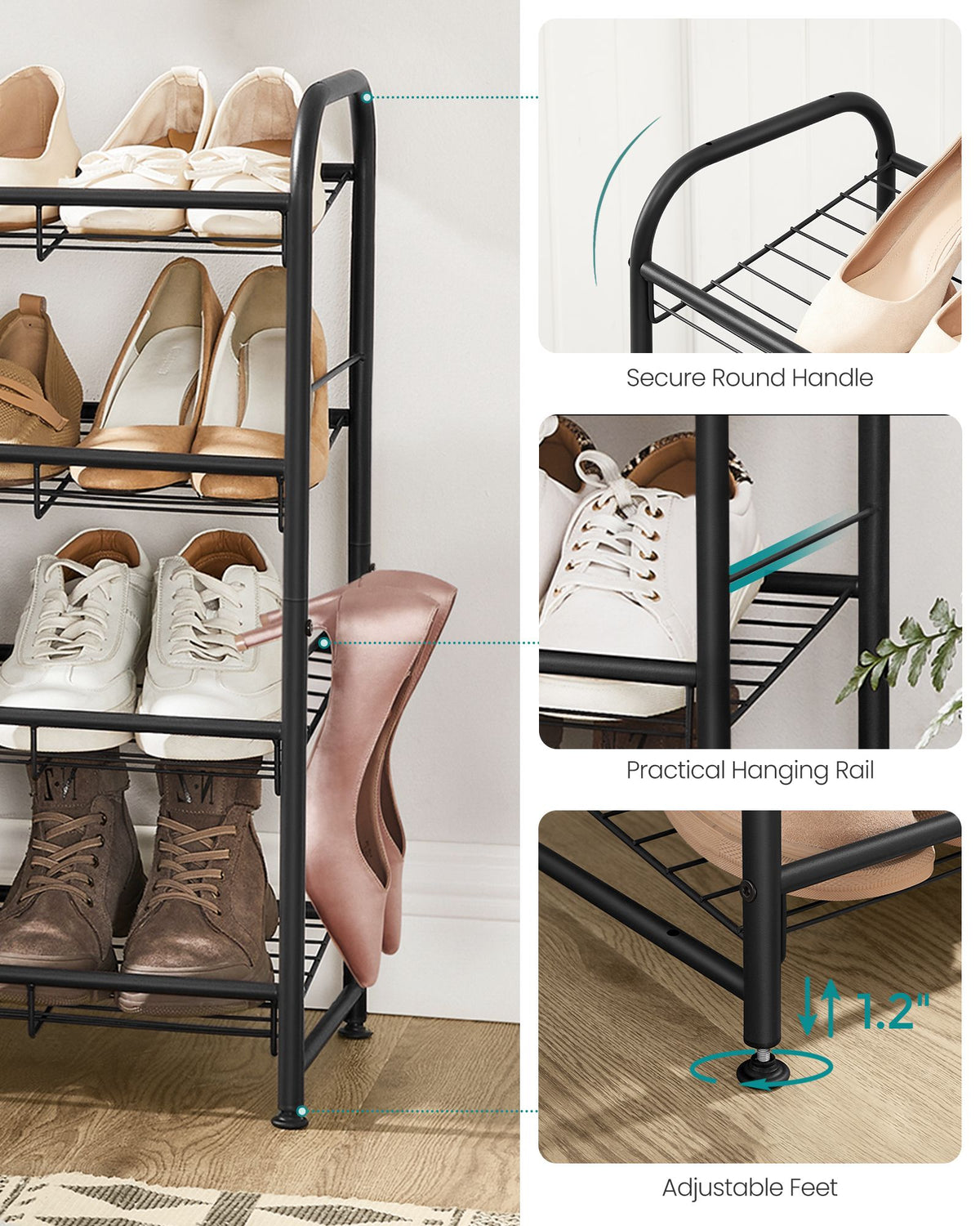 Stackable Shoe Rack, 4-Tier Shoe Rack Storage Organizer, Hold up to 16 Pairs, Steel, 27 x 10.8 x 25.6 Inches