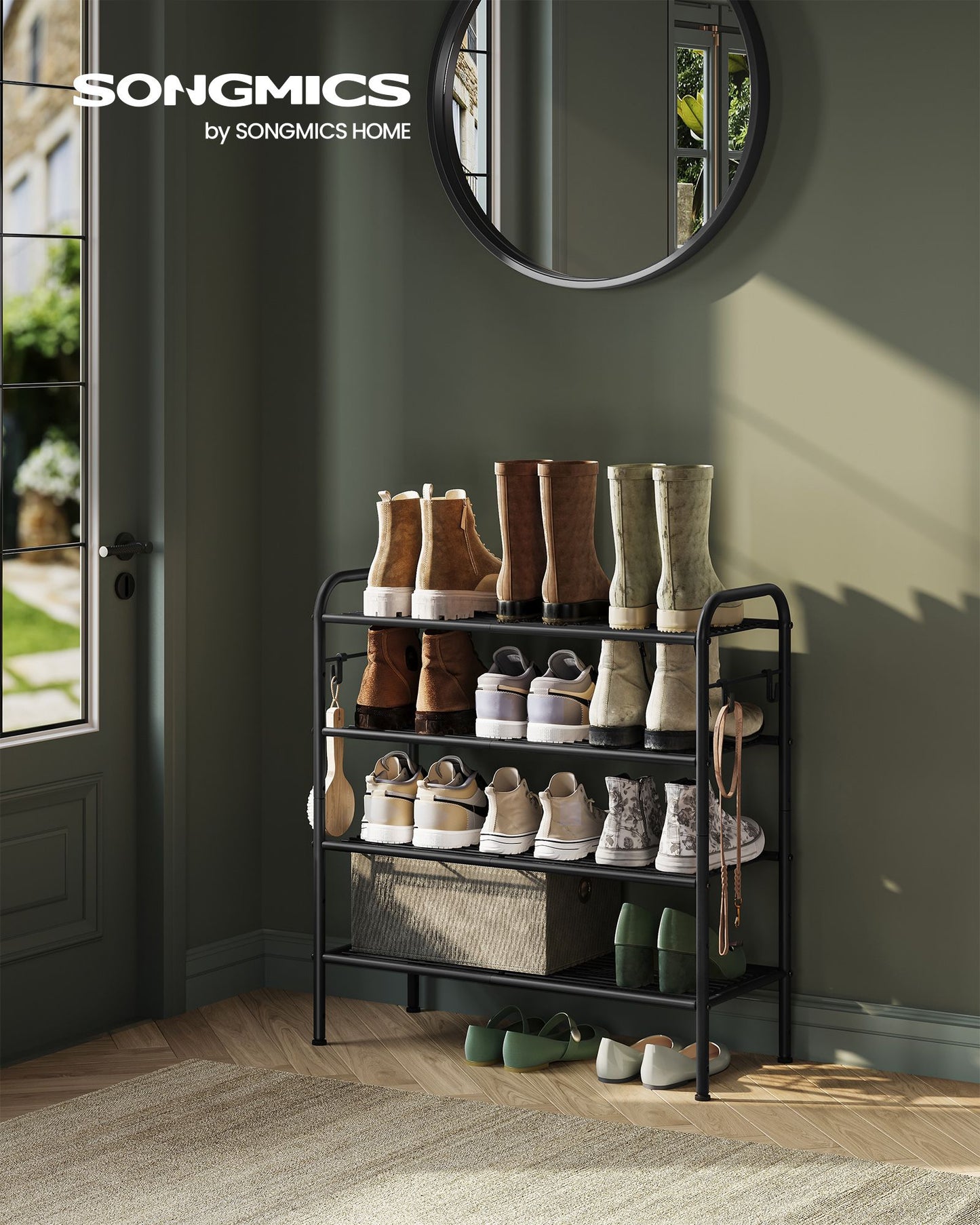 4-Tier Shoe Rack with 4 Side Hooks, Holds 16 Pairs of Shoes