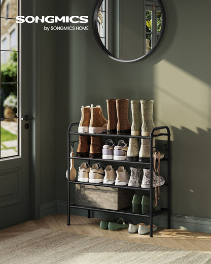 4-Tier Shoe Rack with 4 Side Hooks, Holds 16 Pairs of Shoes