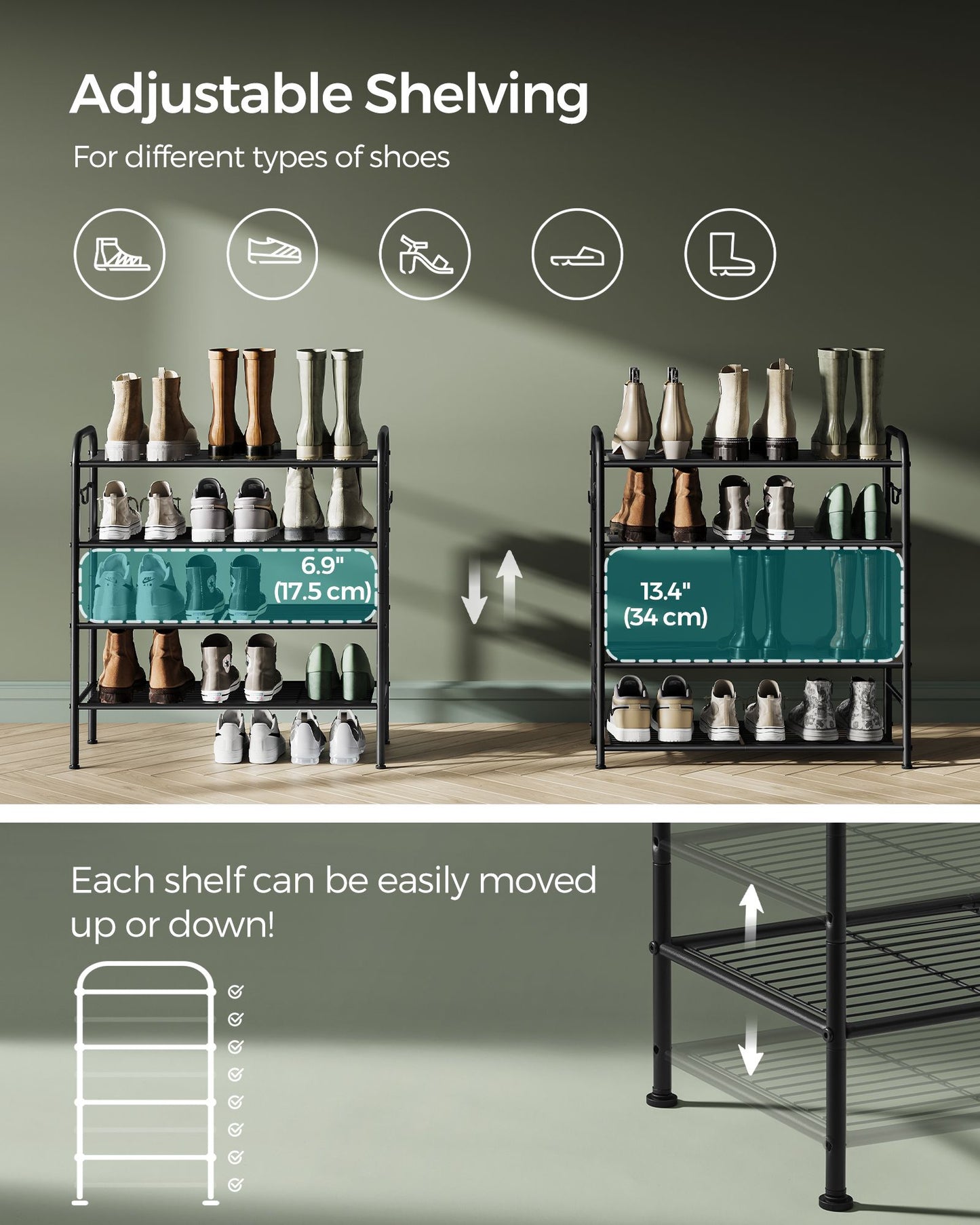 4-Tier Shoe Rack with 4 Side Hooks, Holds 16 Pairs of Shoes