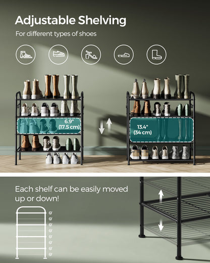 4-Tier Shoe Rack with 4 Side Hooks, Holds 16 Pairs of Shoes
