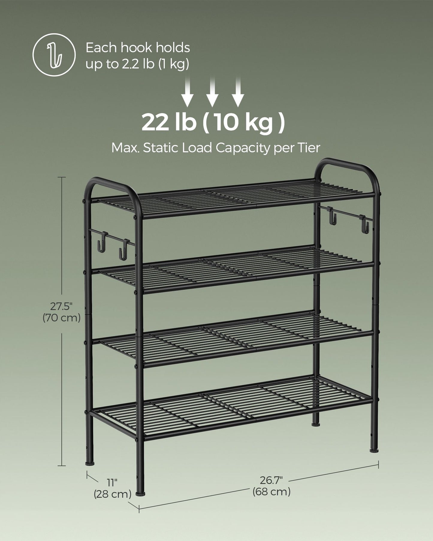 4-Tier Shoe Rack with 4 Side Hooks, Holds 16 Pairs of Shoes