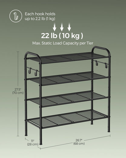 4-Tier Shoe Rack with 4 Side Hooks, Holds 16 Pairs of Shoes