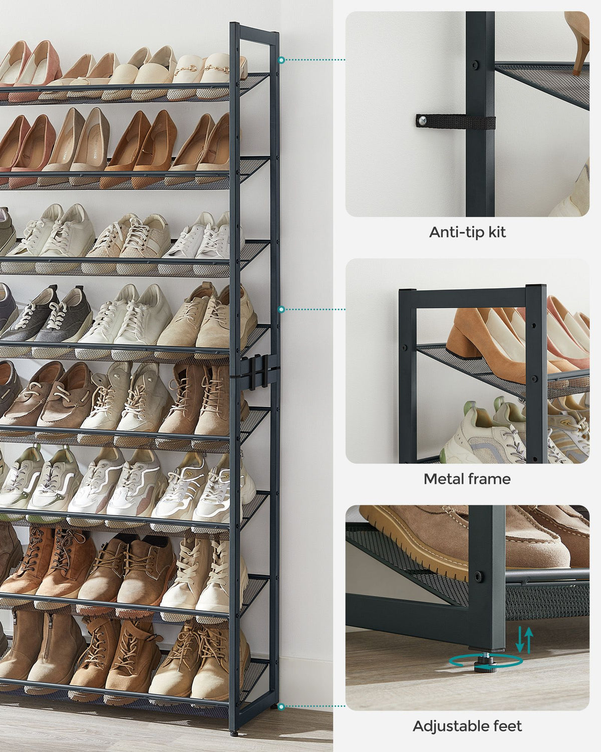 8-Tier Shoe Rack, Set of 2 Stackable 4-Tier Shoe Organizers, Metal Mesh Shoe Shelf Storage