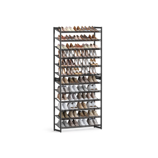 Shoe Rack, 12-Tier Metal Shoe Storage Organizer for Closet, Entryway, Garage, Set of 2 6-Tier Stackable Shoe Shelf, Adjustable Flat or Angled Shelves, Holds 48-60 Pairs, Black - HWLEXTRA 