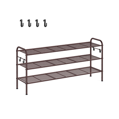 3-Tier Shoe Rack with 4 Side Hooks, Holds 18 Pairs of Shoes