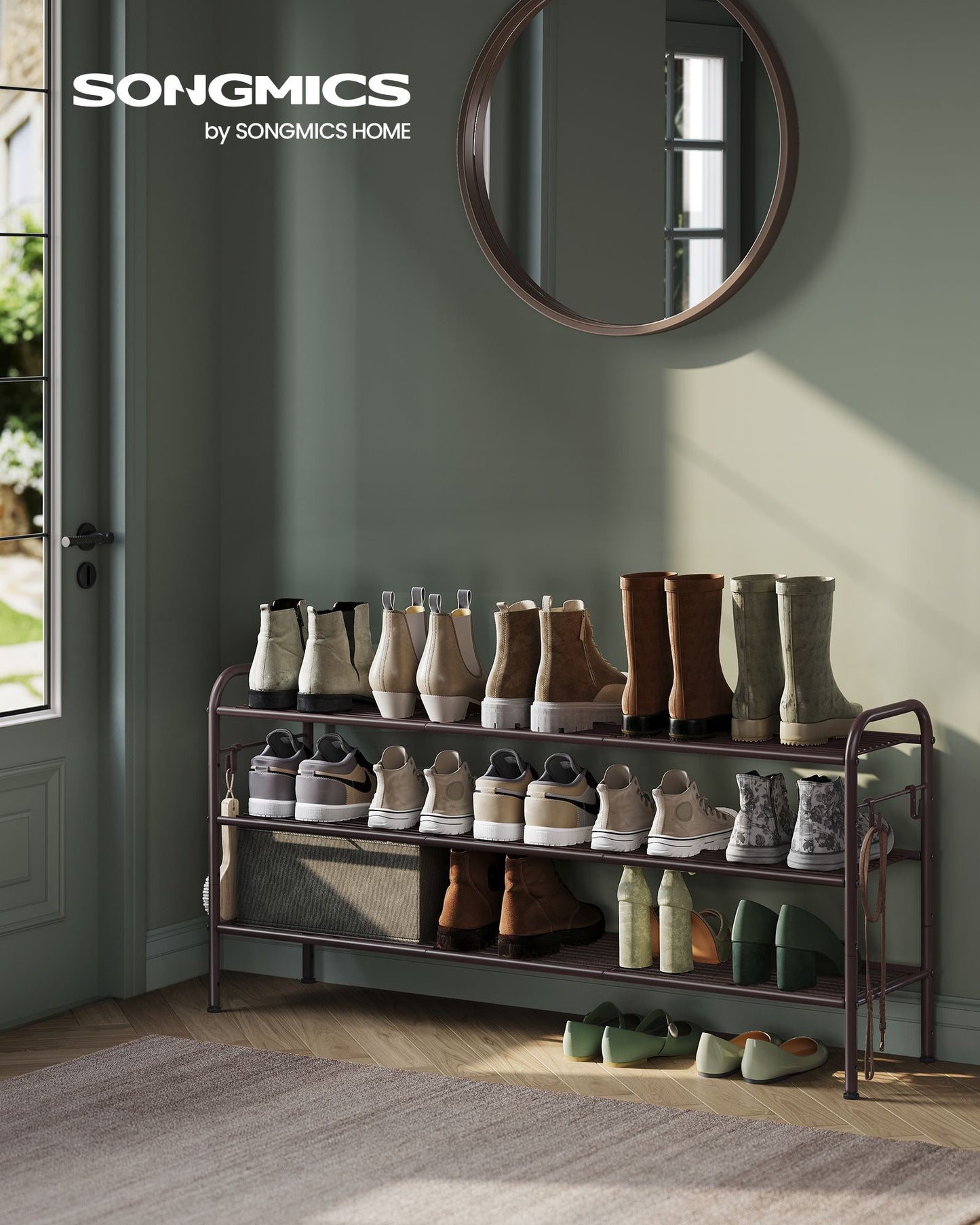 3-Tier Shoe Rack with 4 Side Hooks, Holds 18 Pairs of Shoes