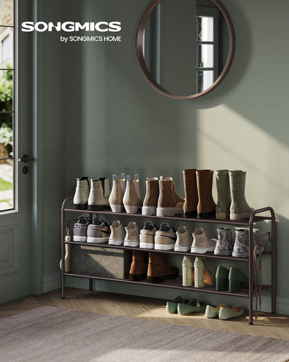 3-Tier Shoe Rack with 4 Side Hooks, Holds 18 Pairs of Shoes