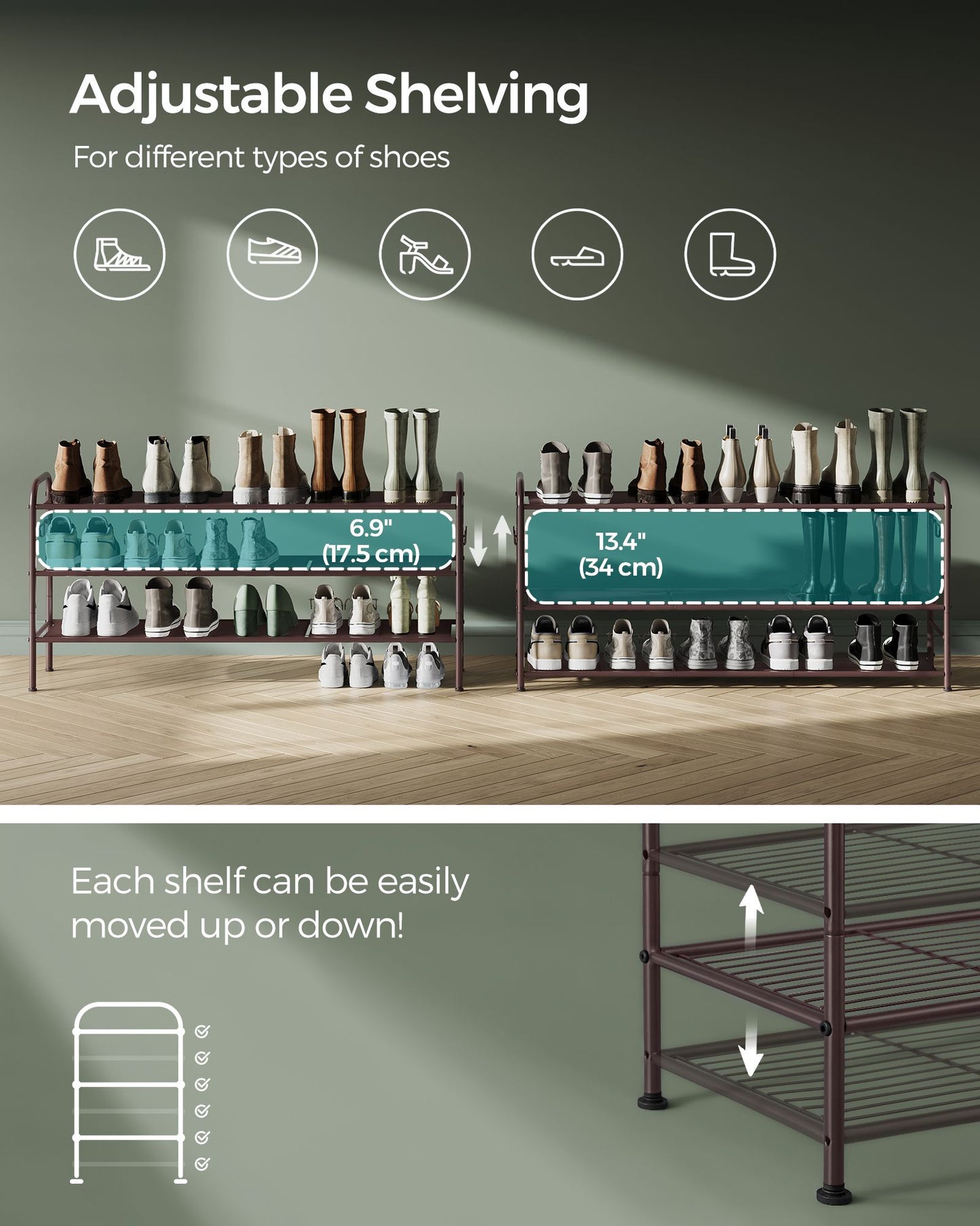 3-Tier Shoe Rack with 4 Side Hooks, Holds 18 Pairs of Shoes