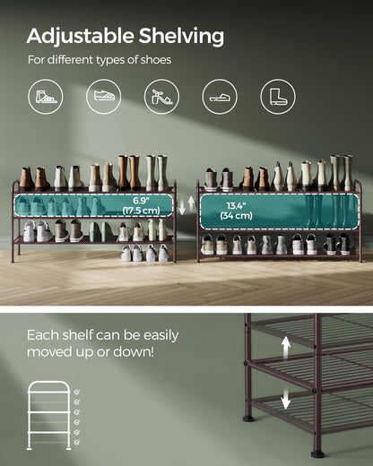 3-Tier Shoe Rack with 4 Side Hooks, Holds 18 Pairs of Shoes