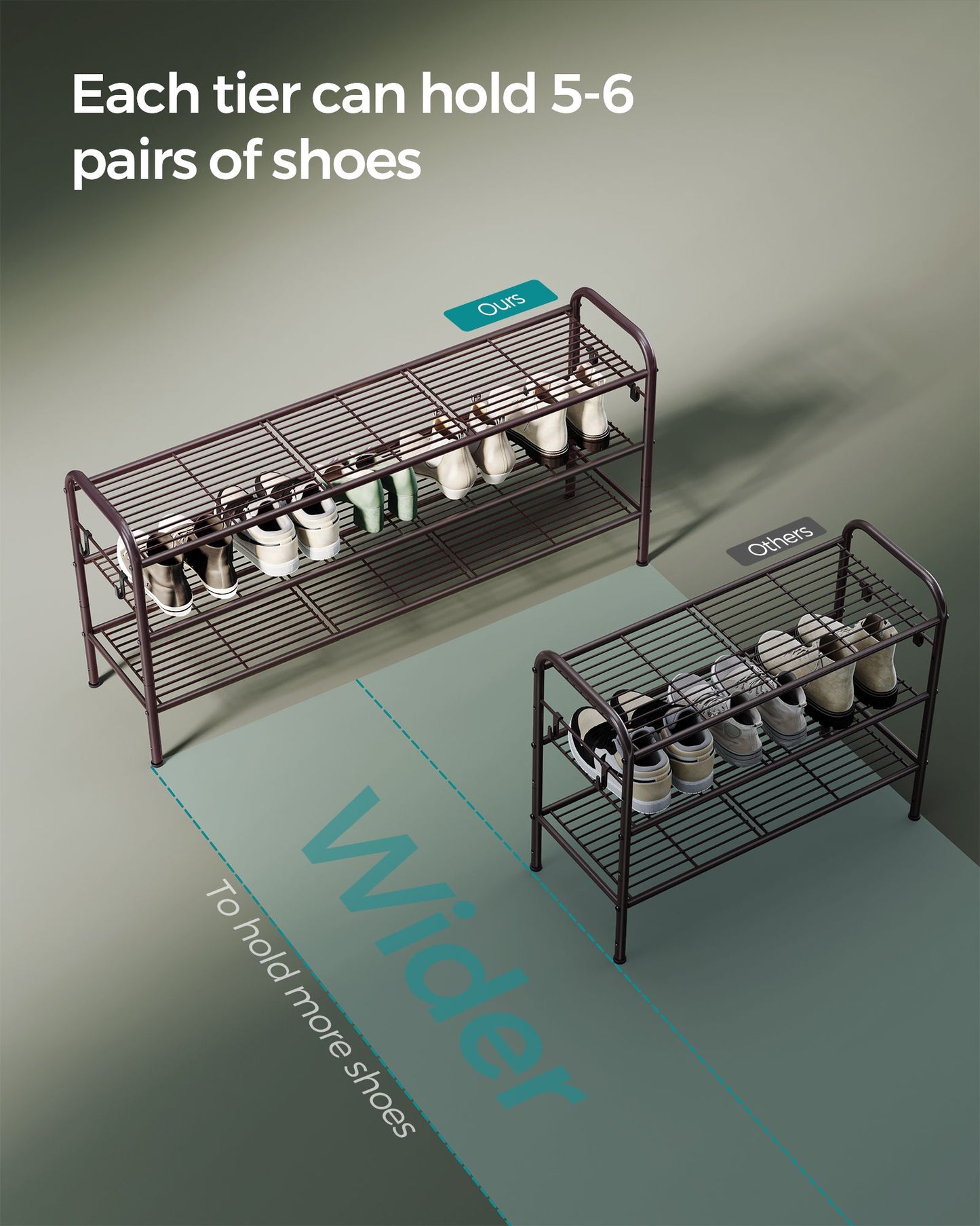 3-Tier Shoe Rack with 4 Side Hooks, Holds 18 Pairs of Shoes