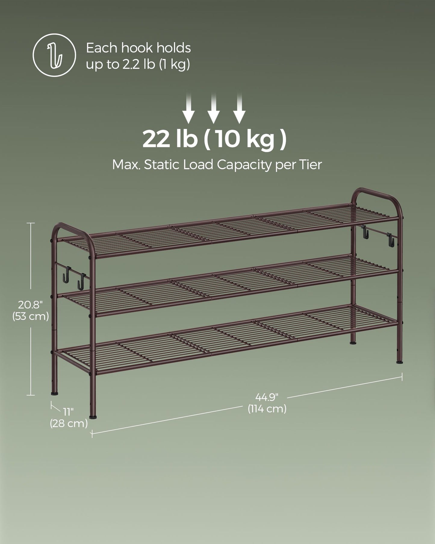 3-Tier Shoe Rack with 4 Side Hooks, Holds 18 Pairs of Shoes
