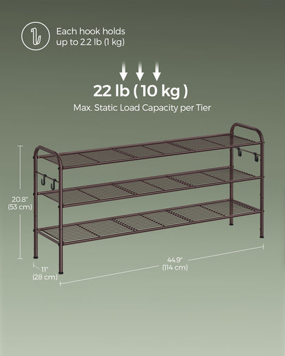 3-Tier Shoe Rack with 4 Side Hooks, Holds 18 Pairs of Shoes