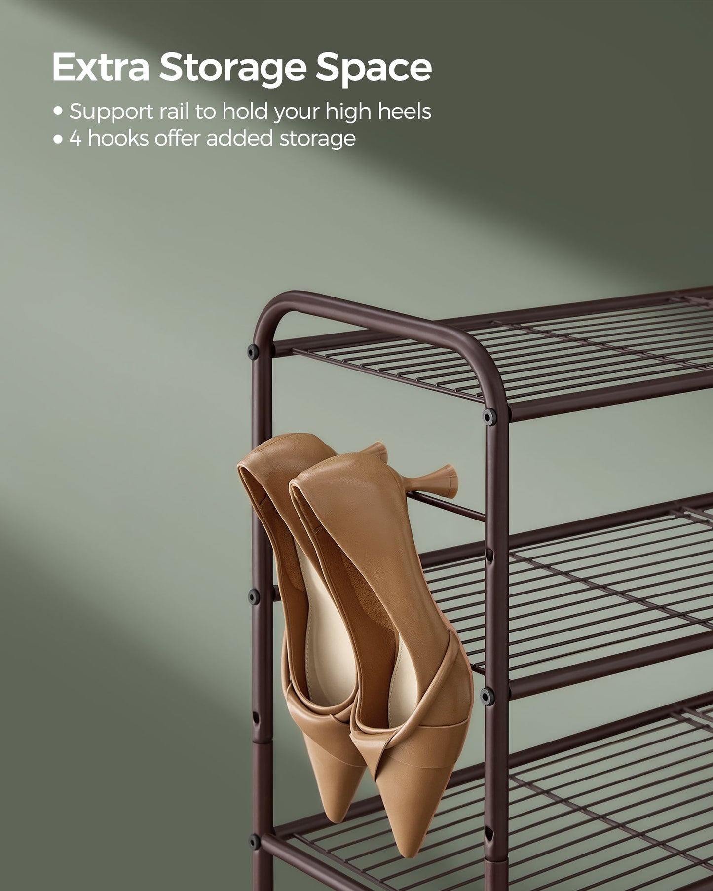 3-Tier Shoe Rack with 4 Side Hooks, Holds 18 Pairs of Shoes