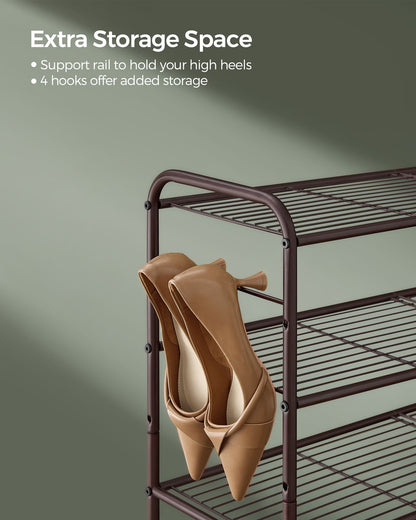 3-Tier Shoe Rack with 4 Side Hooks, Holds 18 Pairs of Shoes