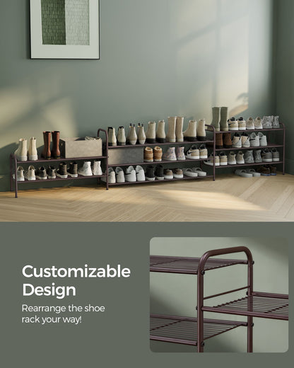 3-Tier Shoe Rack with 4 Side Hooks, Holds 18 Pairs of Shoes