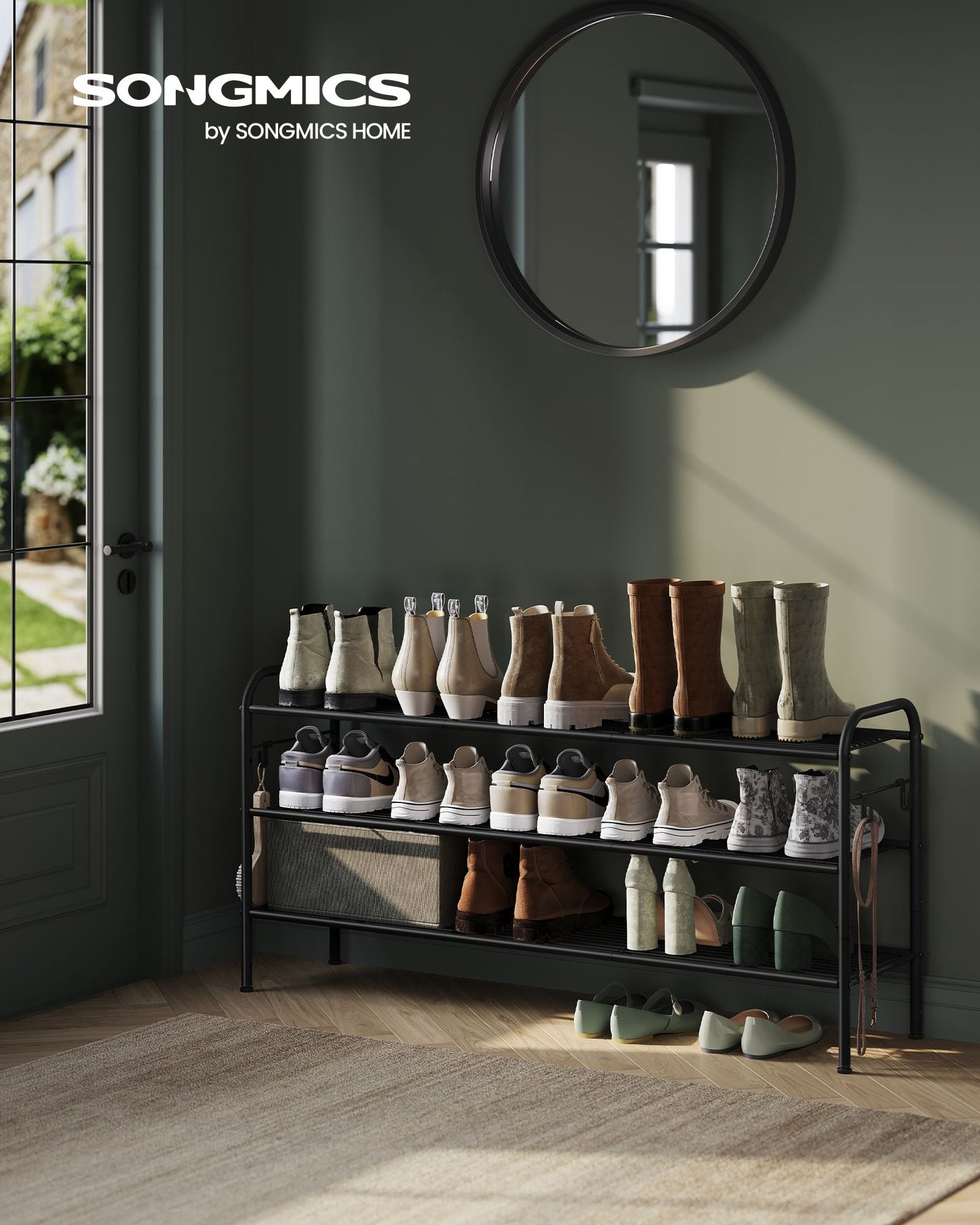 3-Tier Shoe Rack with 4 Side Hooks, Holds 18 Pairs of Shoes