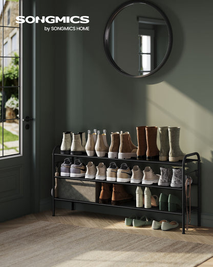 3-Tier Shoe Rack with 4 Side Hooks, Holds 18 Pairs of Shoes