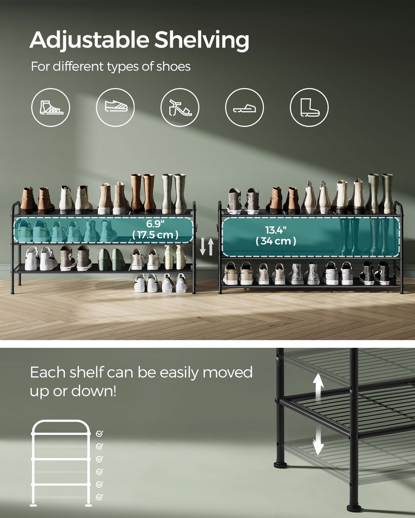 3-Tier Shoe Rack with 4 Side Hooks, Holds 18 Pairs of Shoes