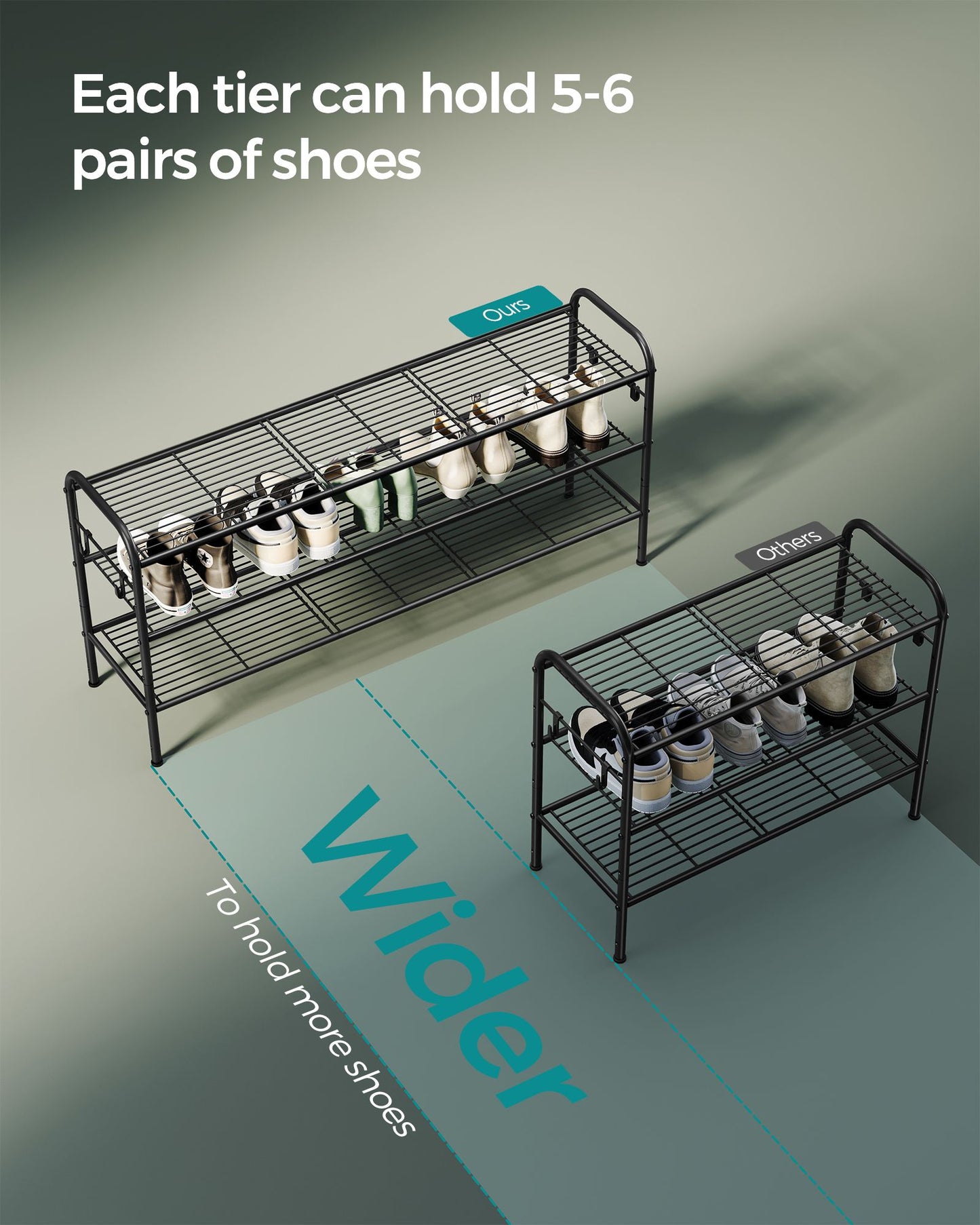 3-Tier Shoe Rack with 4 Side Hooks, Holds 18 Pairs of Shoes