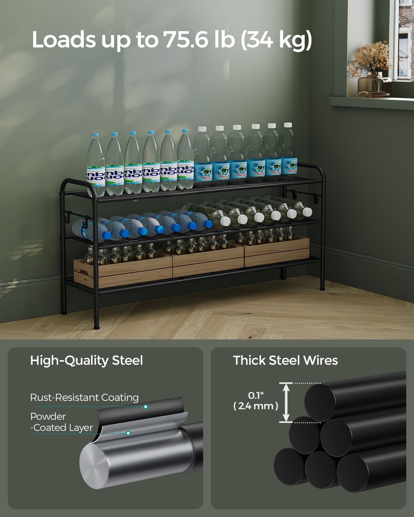 3-Tier Shoe Rack with 4 Side Hooks, Holds 18 Pairs of Shoes