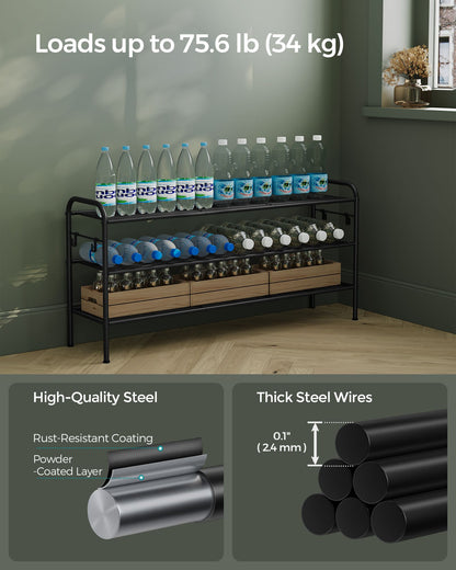 3-Tier Shoe Rack with 4 Side Hooks, Holds 18 Pairs of Shoes