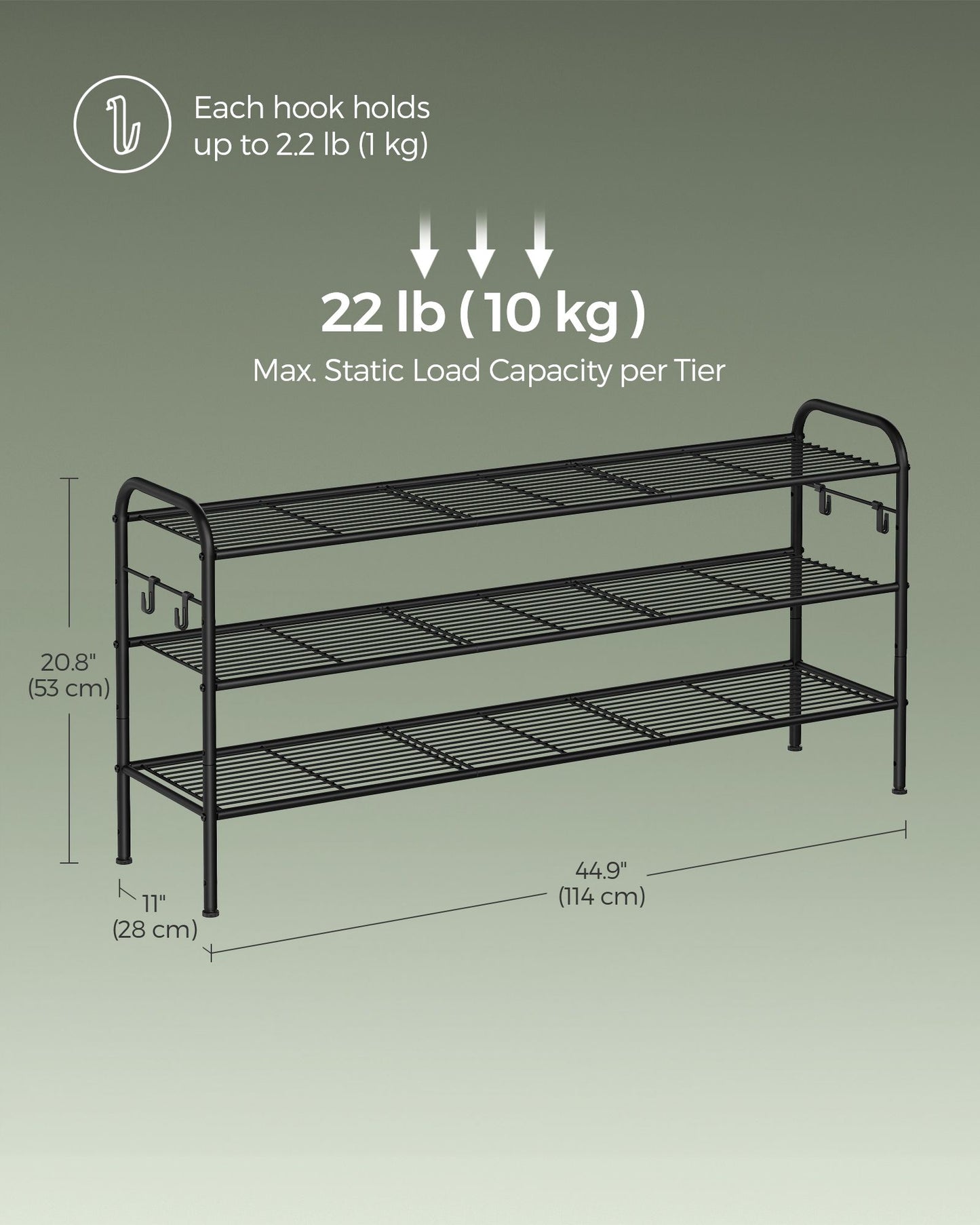 3-Tier Shoe Rack with 4 Side Hooks, Holds 18 Pairs of Shoes