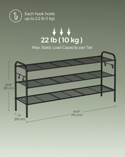 3-Tier Shoe Rack with 4 Side Hooks, Holds 18 Pairs of Shoes