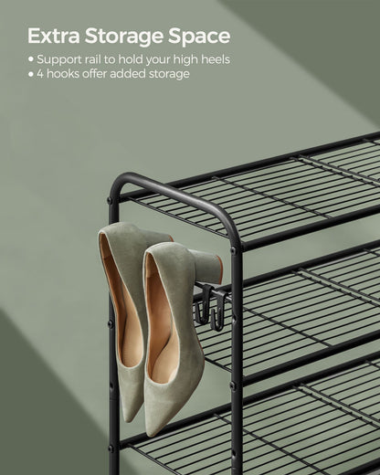3-Tier Shoe Rack with 4 Side Hooks, Holds 18 Pairs of Shoes